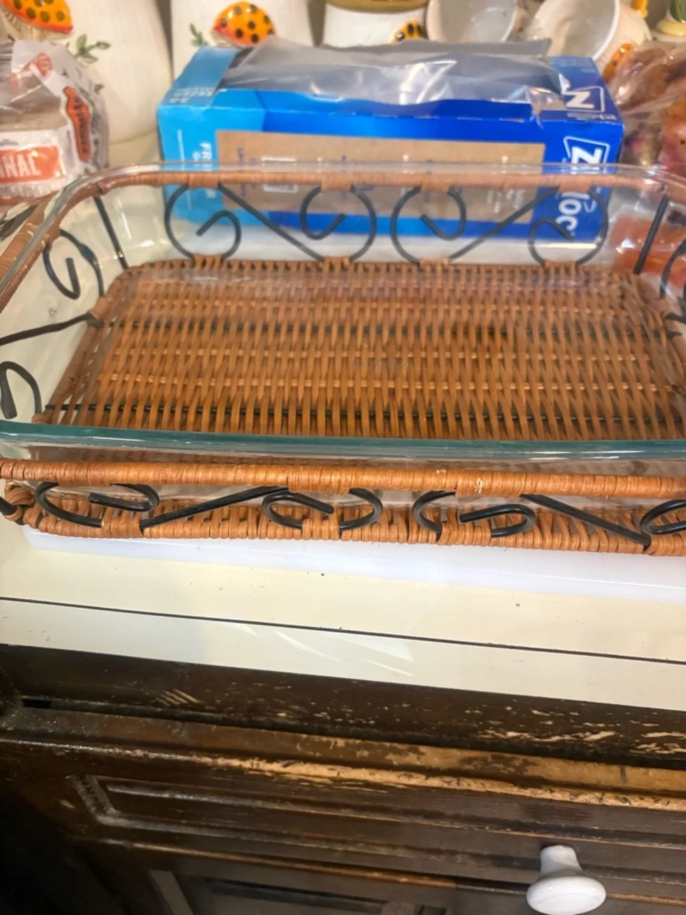 Woven Rattan and Glass Serving Dish - Brown